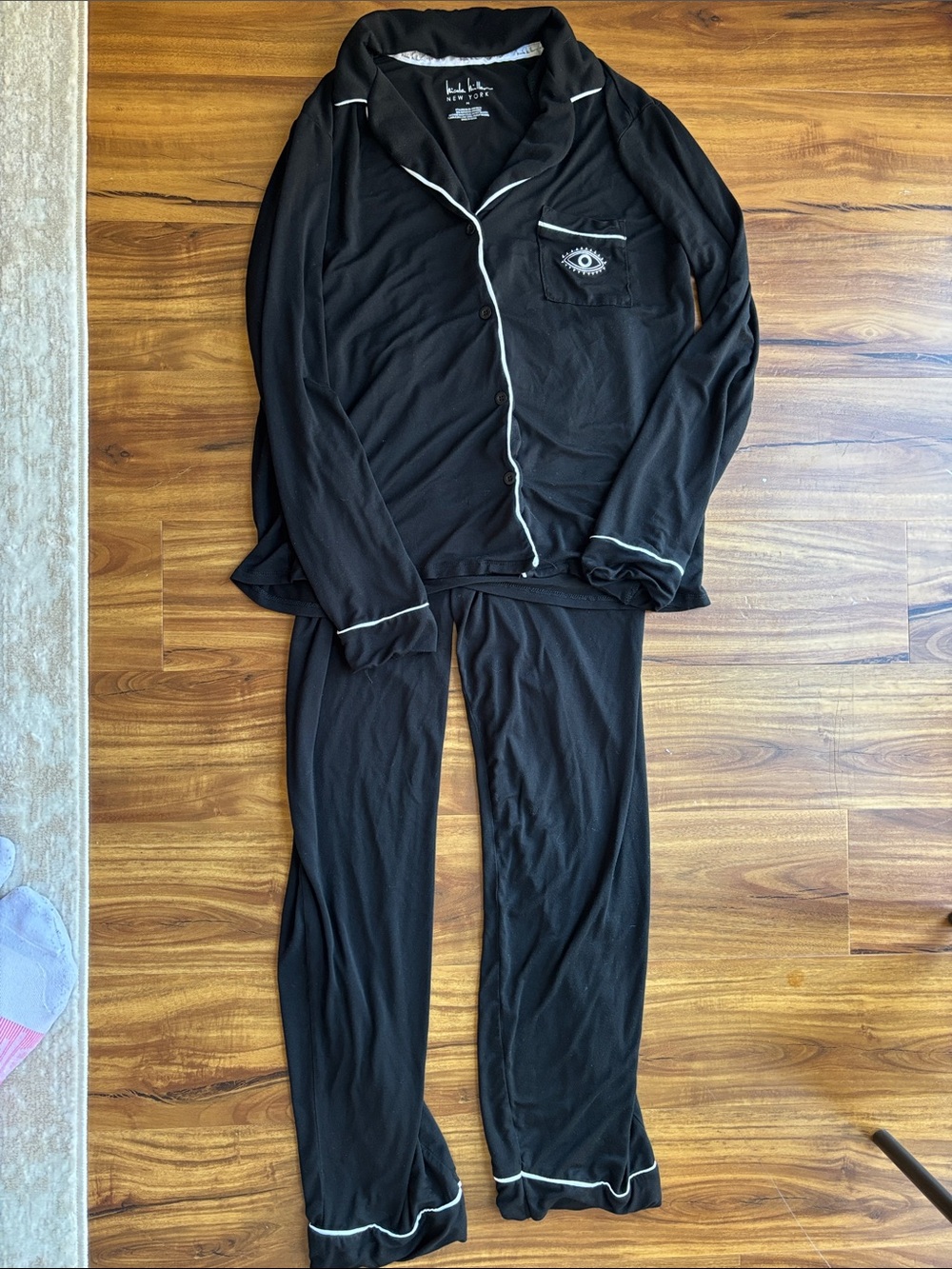 Nicole Miller Black Pajama Set with White Piping and Evil Eye Detail